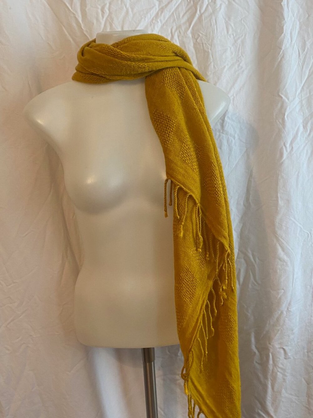 Candie's Mustard Yellow Textured Knit Fringe Triangle Scarf Wrap